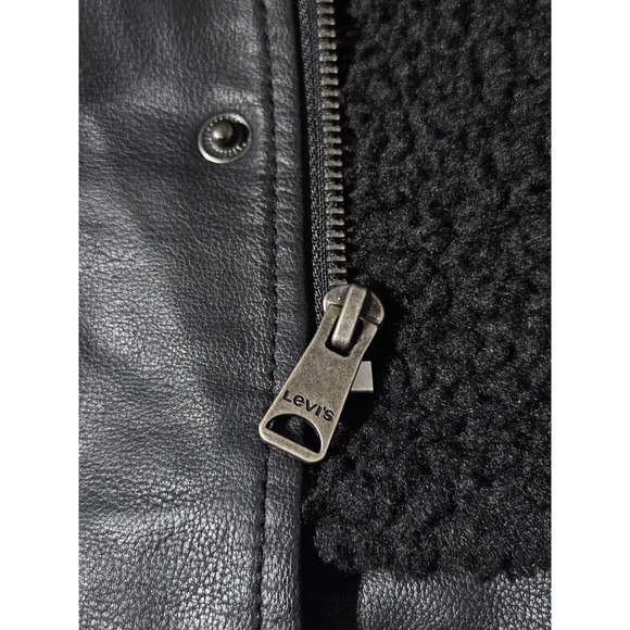 Levis Faux Leather Trucker Sherpa-Lined Jacket Black Zip Snap Button Biker Men L - Picture 11 of 16